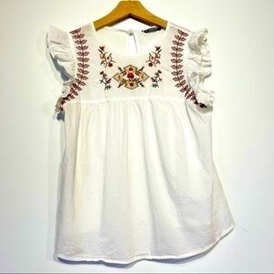 Crinkle Gauze 100% Cotton Embroidered Top Ruffles Mexican Mexico Blouse M